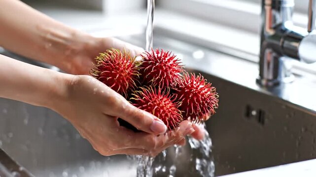 Washing fresh rambutan fruit under tap.