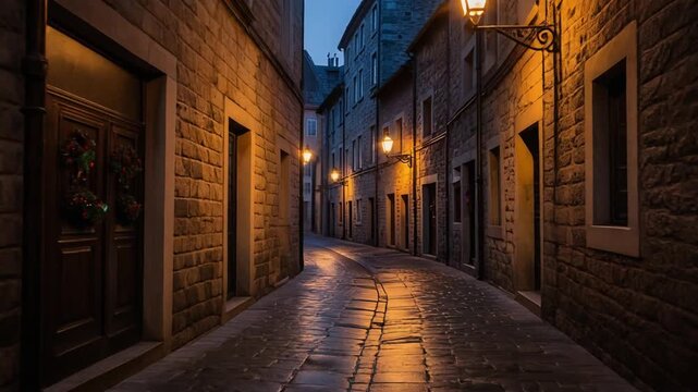 A smooth, cinematic panning shot down a narrow, cobblestone lane in a old European town. Wreaths with red bows hang on every dark wooden door