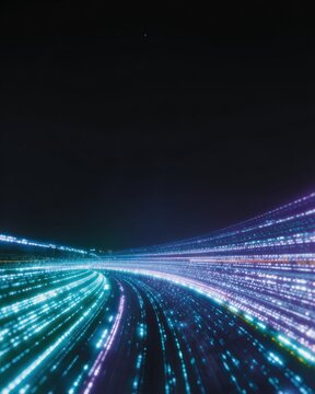 Abstract Light Trails in Cosmic Night Sky Representing Digital Technology and Data Speed with Copy Space for Spiritual App Interface and Futuristic Background