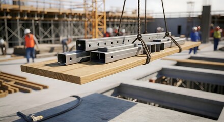 Industrial Construction Site: Heavy Duty Crane Lifting Steel Beams for Modern Building Infrastructure Project.