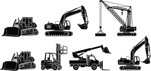 Construction machinery silhouette set featuring excavator, bulldozer, crane, forklift and heavy equipment vehicles in black vector style for industrial design and engineering projects © MdFojlur