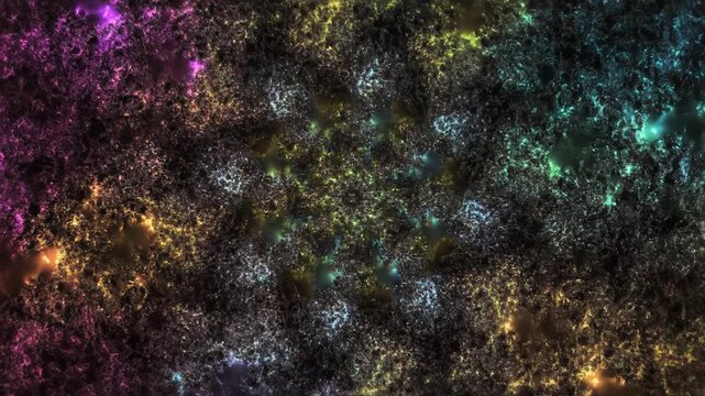 A vibrant abstract fractal expands with glowing, colorful energy. This dynamic animation creates a mesmerizing, evolving cosmic pattern.