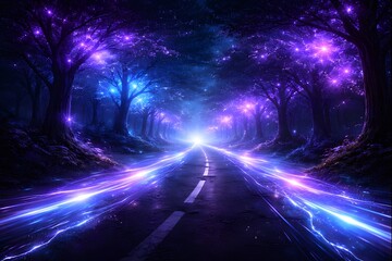 Obraz premium Futuristic Neon Forest Road with Glowing Light Trails 