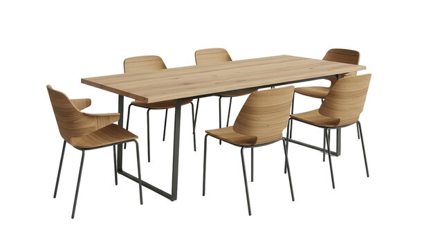 Modern light brown wooden dining table with black metal legs and six matching chairs isolated on a white background, perfect for contemporary interior design concepts.