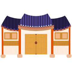Obraz premium Hand-Drawn Traditional Korean Hanok Village Architecture with Multiple Tiled Roofs and Central Gate