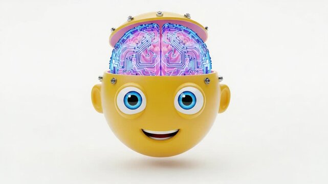 Cartoon head with glowing digital brain and circuit board inside