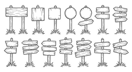 Set of wooden blank signs on grassy posts for direction or advertising © logo master