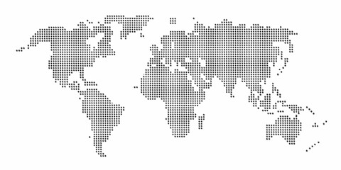 A dotted world map illustration showing continents and oceans