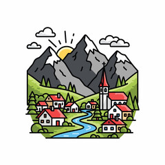 Obraz premium A cartoon village nestled between mountains and a river