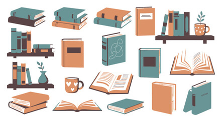 Vibrant book collection with open volumes and coffee cups on shelves © logo master