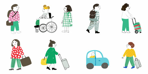 Diverse group of illustrated people traveling with luggage and mobility aids