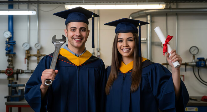 Vocational Training Graduates Holding Wrench and Diploma