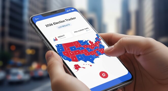 Hand holding smartphone displaying 2026 US election results on a map app. Live tracking of voting outcomes with red and blue states. Political news concept on blurred city background.