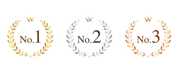 Ranking number laurel wreath badge set gold silver bronze No.1 No.2 No.3 vector