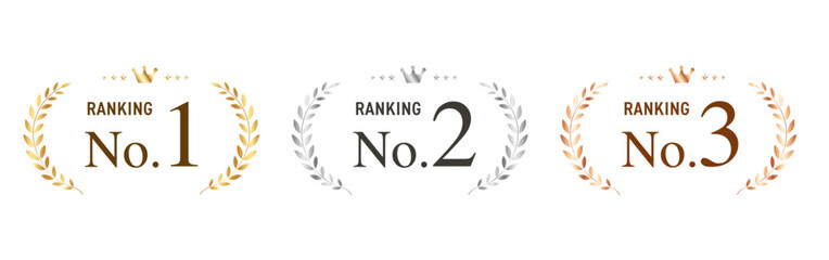 ランキング番号の月桂樹バッジセット（金・銀・銅／No.1・No.2・No.3）ベクター