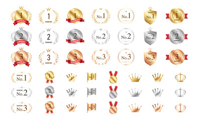 ランキング　バッジ　アワード　メダル　月桂樹　アイコンセット（金・銀・銅）ベクター