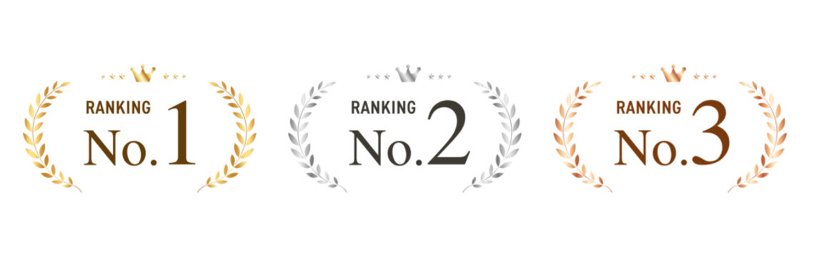 ランキング番号の月桂樹バッジセット（金・銀・銅／No.1・No.2・No.3）ベクター