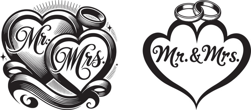 Wedding symbols: intertwined hearts with rings and elegant calligraphy for 'Mr. & Mrs.'