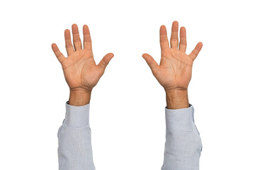 Obraz premium Two hands raised in a gesture of celebration or surrender against a white isolated background.