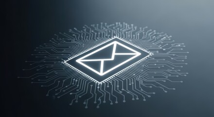 Fototapeta premium Glowing envelope icon on circuit board background digital communication concept