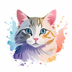 Fototapeta premium Vibrant Watercolor Portrait of a Cat's Face with Splashes of Color