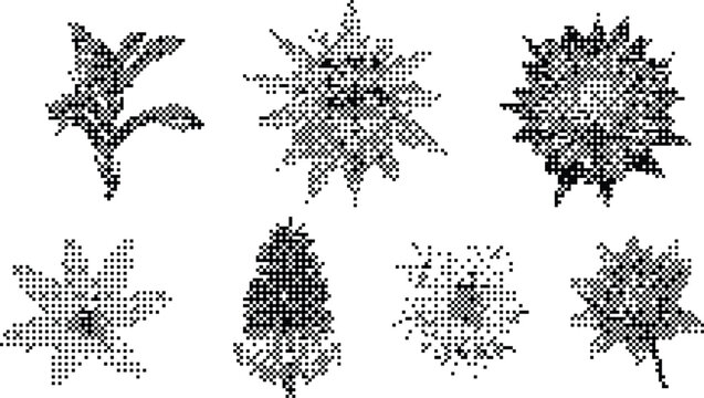 Set of pixelated halftone leaf and sun icons with black and white stipple texture and dithered grain effect