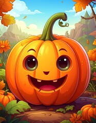 Cartoon pumpkin with smiling face in autumnal scene for fall celebrations