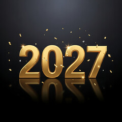 A shimmering golden depiction of the year 2027 is prominently displayed against a dark black background with subtle sparkling particles high quality
