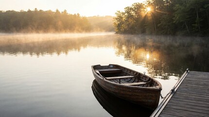 A serene wooden boat moored at a lake dock at sunrise surrounded by misty forest