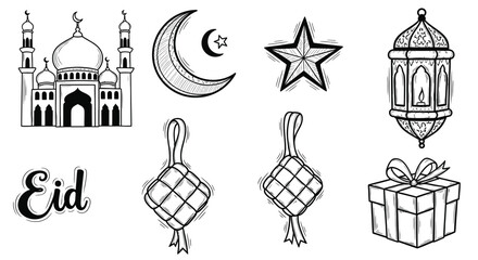 Obraz premium Hand Drawn Eid Mubarak Islamic Element Doodle Vector Set