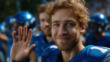 Smiling football player waving at camera with teammates behind