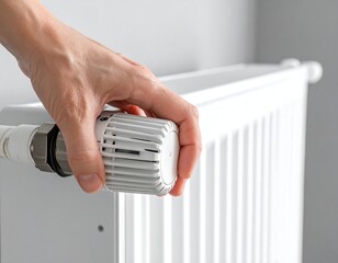 A hand adjusts a white temperature control on a radiator