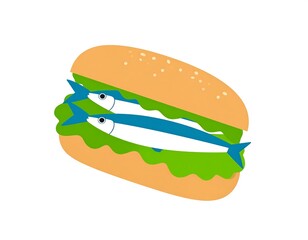 Cartoon sandwich with fish and lettuce isolated on white background