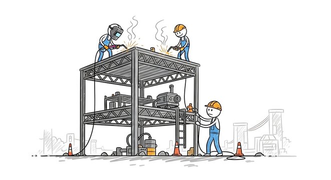 Construction workers building a metal structure with welding sparks flying.