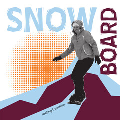 Snowboard. Vector halftone modern abstract illustration of winter extreme sport, man or woman riding in mountains outdoors, winter landscape for poster, flyer, leaflet or background
