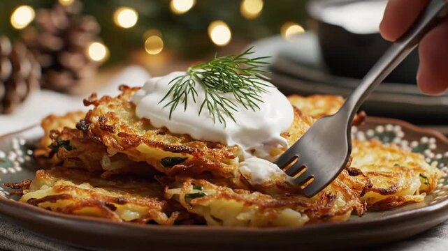 Crispy potato hash browns with dill and egg topping.