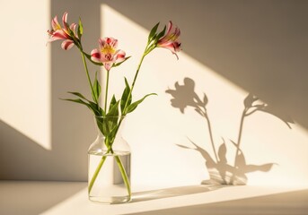Fototapeta premium Beautiful pink flowers in a glass vase on a windowsill with natural light and shadows on the wall