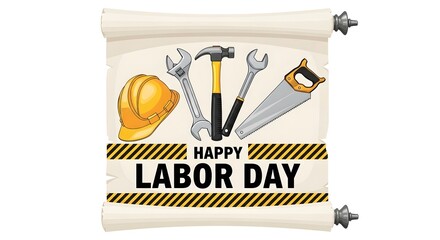 Happy labor day greeting with construction tools and safety gear