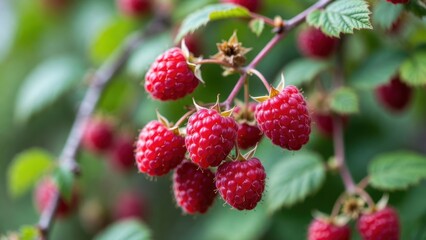 Close-up of ripe red raspberries on a green branch in natural setting.