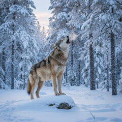 Obraz premium A wolf howls in a snowy forest its breath visible