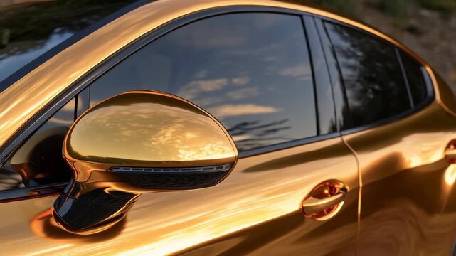 Close-up of a car with a striking golden vehicle wrap and reflective side mirror at sunset, showcasing high-end automotive design and premium finish