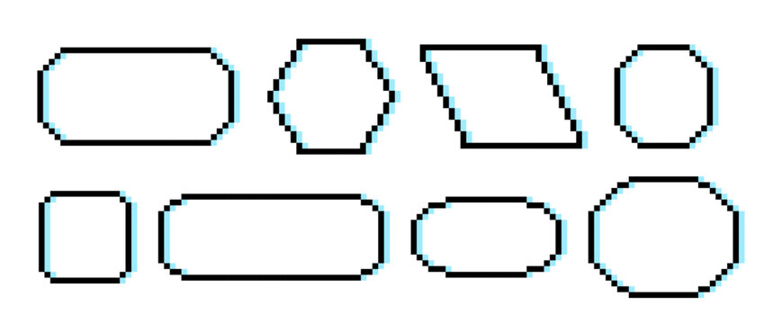 Black and blue pixel text boxes. Empty pixelated frame collection. Retro 8 bit border shape pack for speech chat bubble, message cloud, communication dialog, talk balloon. Vector illustration bundle