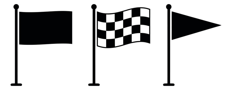 Simple line art flag icons set featuring a blank flag, a checkered flag, and a pennant for various sports and event designs