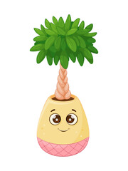 Cute smiling Pachira aquatica in yellow pot, tropical flower, cheerful cartoon face with big eyes