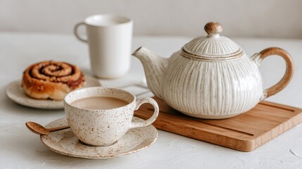 Fototapeta premium On the countertop, a warm cinnamon roll dusted with powdered sugar lies beside a coffee cup