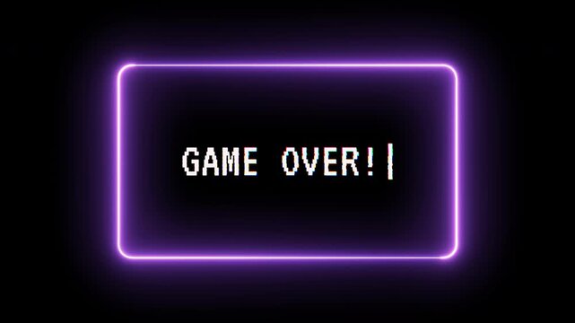 Neon game over screen with glitch text and glowing purple frame, alpha channel for gaming outro, 4K video