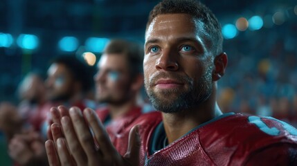 Focused football player celebrating in stadium with teammates