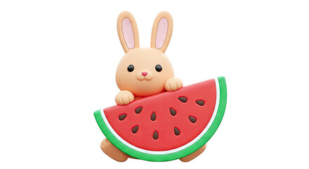 Cute Cartoon Bunny Holding a Slice of Watermelon