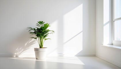 Green houseplants in a white room with soft shadows.

