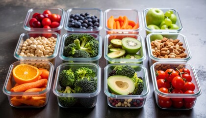 food preparation containers containing fresh vegetables and fruits
